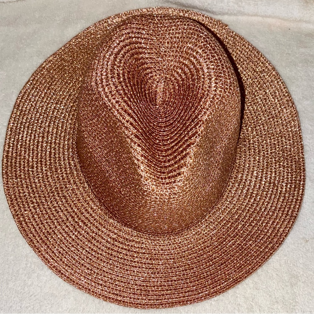Women's Shimmering Shiny Champagne Fedora Straw Hat Teardrop Crown Sun Beach New
